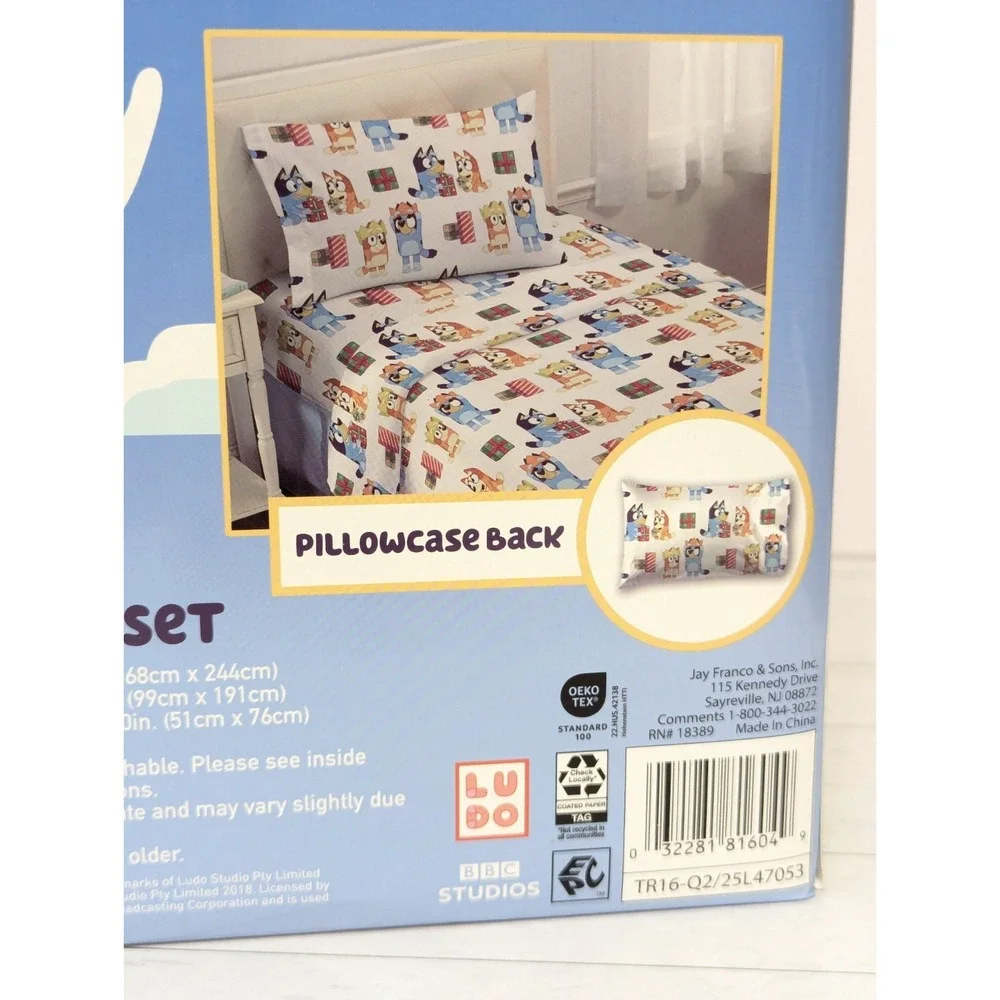 BLUEY BINGO Holiday Gift Print Twin Bed Sheet Set: Flat, Fitted, Pillow Case NEW